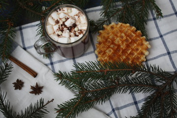 Wall Mural - Christmas hot cocoa with marshmallows and milk. tree branches, cinnamon, and cookies on a napkin