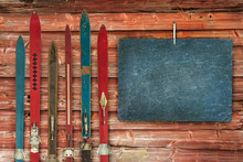 Collection Of Vintage Wooden Weathered Ski's