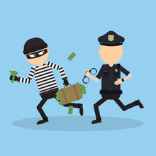 Policeman Tries To Chase A Thief. Funny Cartoon Character.Concept Of Heist, Crime, Hacking And More.