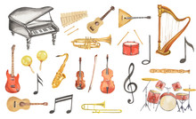 Watercolor Musical Instruments Set. All Kinds Of Instruments Like Piano, Saxophone, Trumpet, Drums And Others.