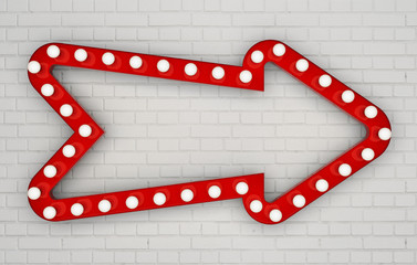 Wall Mural - Red arrow with light bulbs on white painted brick wall. 3D rendering