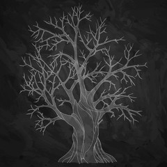 White silhouette of a big old bare tree on black textured background. Grunge style vector illustration.