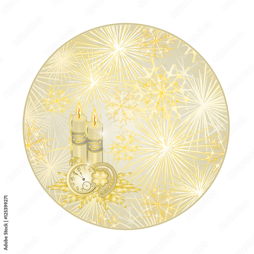 Button circle New Year fireworks and gold background and lucky symbols ...