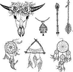 Sticker - Dreamcatcher buffalo scull arrow tribal set. Vector illustration