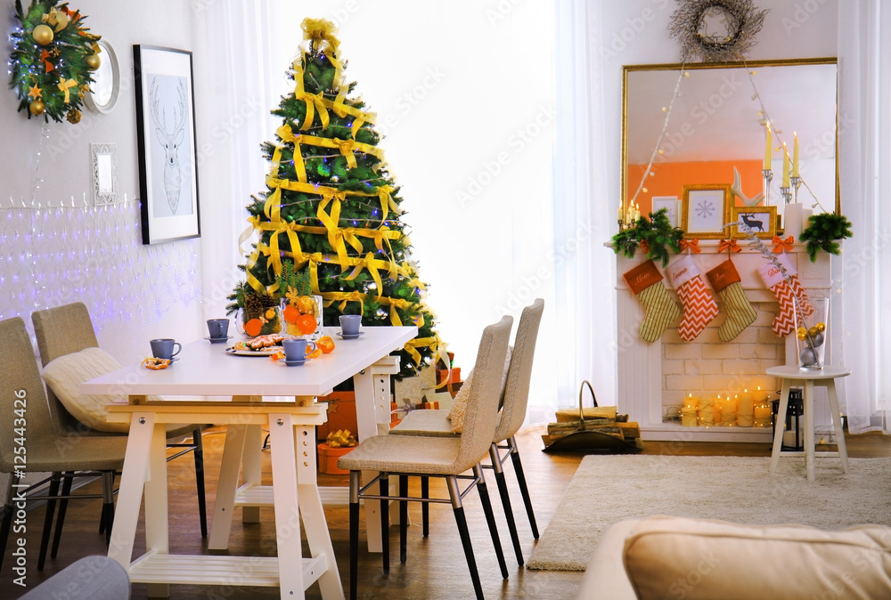 Interior of living room decorated for Christmas