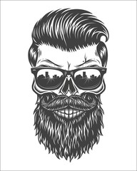 Canvas Print - Monochrome illustration of skull with beard, mustache, hipster haircut and sunglasses with big city reflection. Isolated on white background