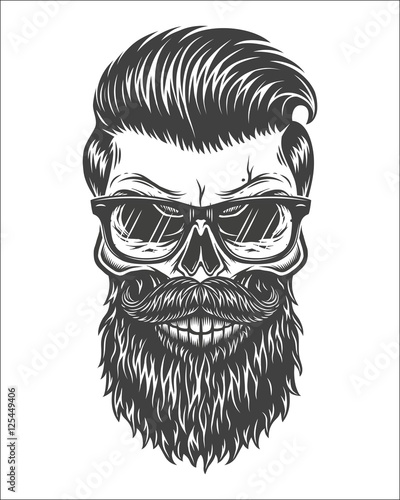 Monochrome illustration of skull with beard, mustache, hipster haircut and gl...