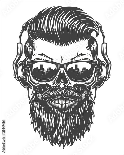 Monochrome illustration of skull with beard, mustache, hipster haircut, sungl...