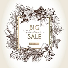 Vector banner for Christmas sale. Hand drawn vintage elements in square border composition. Xmas shoppoing offer.