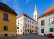 Middle age houses and greek-catholic church in upper town in Zagreb. Historical part of Zagreb called Gornij Grad. Croatia.