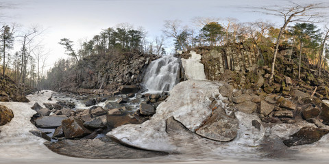 Spherical panorama of waterfall near Vladivostok, Russia. Full 360 by 180 degree in equirectangular projection.