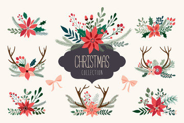 Wall Mural - christmas hand drawn decorative collection of floral arrangements with antlers and poinsettia, vecto
