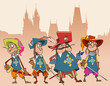 four cartoon funny characters soldiers Musketeers