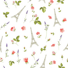 Pattern With Red Flowers, Leaves And Eiffel Tower. Seamless Background For Fabric Design. Vector Illustration.