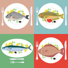 Vector Illustration Set Of Grill Prepared Fish With Lemon And Parsley, Fish Dish
