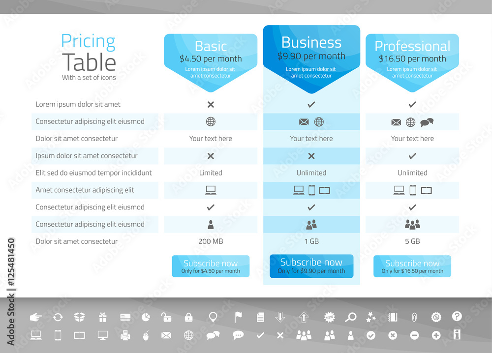 Light pricing table with 3 options. Icon set included - obrazy, fototapety, plakaty 
