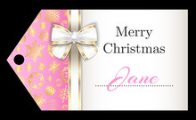 Luxury Pink Christmas Name Tag With Golden Snowflakes And White Ribbon