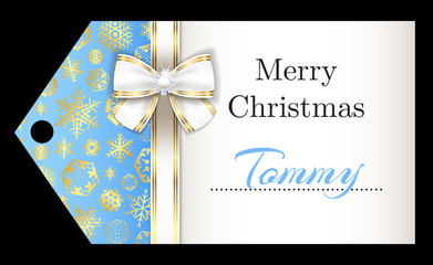 Luxury sky blue Christmas name tag with golden snowflakes and white ribbon