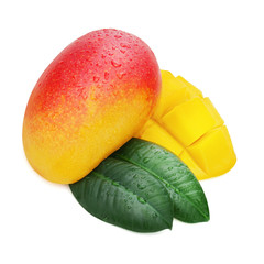 Wall Mural - Fresh mango fruit with cut and green leaves isolated on white background. Closeup.