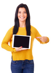 Poster - Woman in yellow sweater shows touch screen