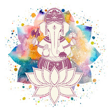 Ganesha, Or Ganapati, Indian Deity In The Hindu In Lotus Flower With Paint Splash And Watercolor Mandala. Vector Illustration For Design Of Prints, Web, Festive, Chaturthi Invitations.