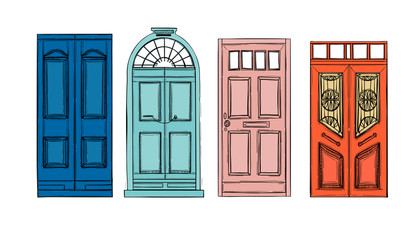 Hand drawn vector illustrations - old vintage doors. Isolated