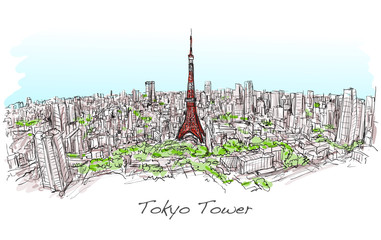 Sketch of city scape Tokyo Tower with building skyline