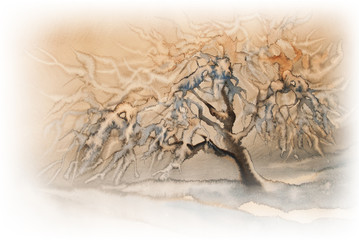 Naklejka obraz śnieg sztuka natura drzewa