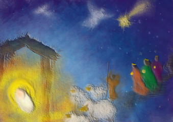 Wall Mural - Christmas nativity religious Bethlehem crib scene, with baby Jesus and three wise men and shepherd. Abstract artistic holiday background illustration.