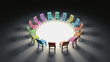 Ominous Circle of Colorful Chairs in Dramatic Light