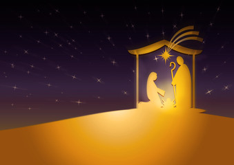 Christmas nativity religious Bethlehem crib scene, with Holy family of Mary, Joseph and baby Jesus in a starry night. Holiday background, illustration.