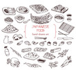 Hand-drawn collection of the different japanese food. Line art set of the food icons.
