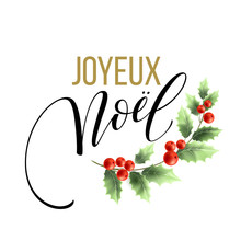 Merry Christmas Card Template With Greetings In French Language. Joyeux Noel. Vector Illustration