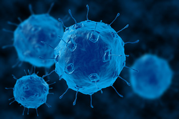 Bacteria 3D illustration. Molecules of the virus under a microscope. Blue bacteria closeup