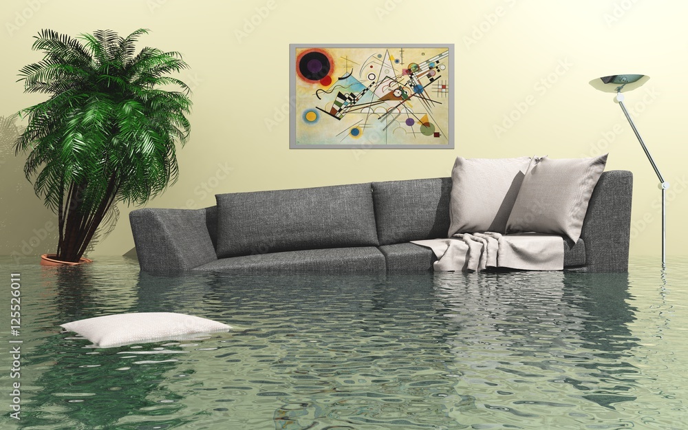 Überflutetes Wohnzimmer - obrazy, fototapety, plakaty 