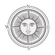 vintage compass rose with the sun in the center. black and white design. vector illustration