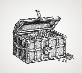 Opened wooden chest with treasures. Vintage sketch vector illustration