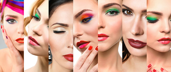 Collage of women with bright makeup. Beauty and fashion concept.