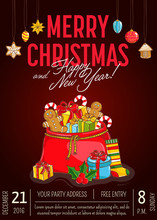 Christmas Party Promo Poster With Date And Time. Santasack Of Gifts, Sweets, Sock, Holly, Toys Cartoon Vector On Dark Red Background. Merry Christmas, Happy New Year Greetings. Xmas Celebrating