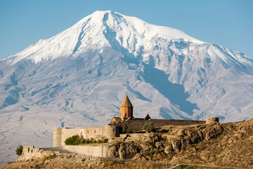 ancient armenian church khor virap with ararat on the background