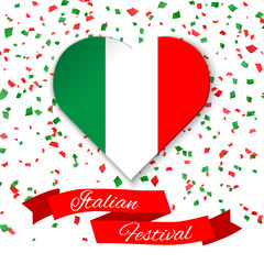 Wall Mural - Heart in colors of italian flag with confetti. Greeting card, flyer, poster for National Day of Italy celebrated on 2 June. Ribbon with text Italian Festival. Colorful template for celebrations