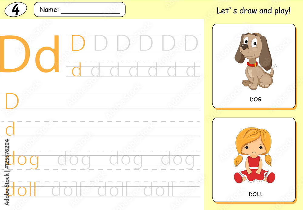 Cartoon dog and doll. Alphabet tracing worksheet: writing A-Z an Stock ...
