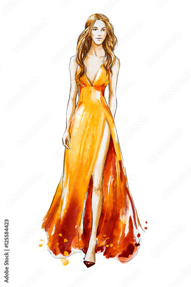 green emerald velvet dress Girl in polka dot dress art print fashion illustration  Lalana Arts