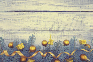 Wall Mural - Composition with decorated Christmas tree on white rustic wooden