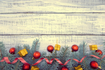 Wall Mural - Composition with decorated Christmas tree on white rustic wooden