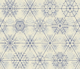 Seamless vector thin line geometric pattern of snowflakes with points at the intersections. Hipster style, blue lines on a light background.