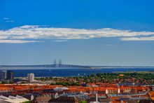 Panoramic Aerial Cityscape Of Copenhagen City And Oresund Bridge , Denmark