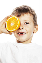 little cute boy with orange fruit double isolated on white smili