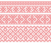 Seamless Russian Folk Patterns, Cross-stitched Embroidery Imitation. Patterns Consist Of Ancient Slavic Amulets. 