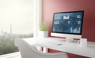 Wall Mural - red studio with statistics software computer